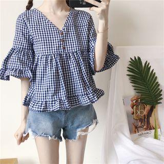 Elbow-sleeve V-neck Plaid Blouse