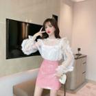 Sheer Blouse / Faux Leather A-line Skirt