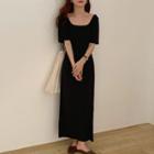 Square Neck Short-sleeve Maxi A-line Dress Black - One Size