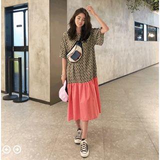 Ruffle-hem Patterned Dress Khaki - One Size