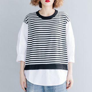 Mock Two-piece Lantern-sleeve Striped Top Stripes - Black & White - One Size