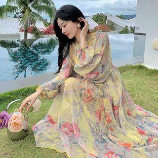 Puff-sleeve V-neck Print Maxi Dress