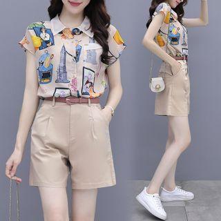 Set: Short-sleeve Print Shirt + Wide Leg Shorts