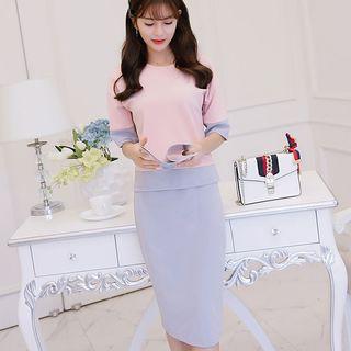 Set: 3/4-sleeve Color Block T-shirt + Midi Skirt