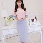 Set: 3/4-sleeve Color Block T-shirt + Midi Skirt