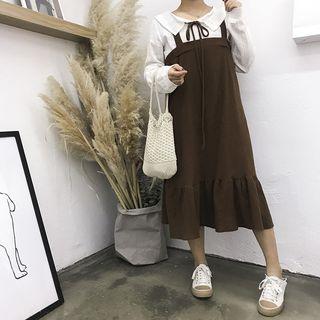 Set: Long-sleeve Blouse + Ruffle Hem Pinafore Dress