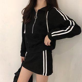 Set: Contrast Trim Hoodie + Mini A-line Skirt