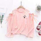 Paw Print Cold-shoulder Long-sleeve Top Pink - One Size