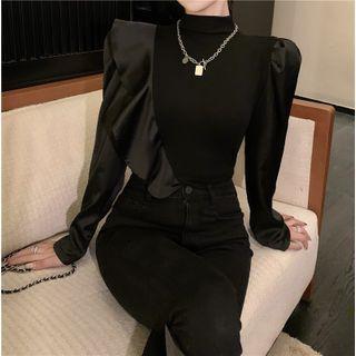 Patchwork Puff-sleeve Ruffle-trim Slim Top