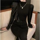 Patchwork Puff-sleeve Ruffle-trim Slim Top
