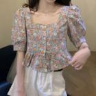 Short-sleeve Floral Print Peplum Blouse As Shown In Figure - One Size