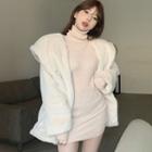 Hooded Fleece Button-up Jacket / Turtleneck Knit Mini Sheath Dress