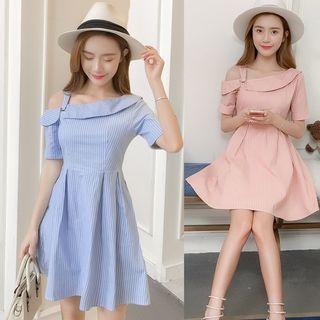 Striped Short-sleeve Asymmetrical A-line Dress