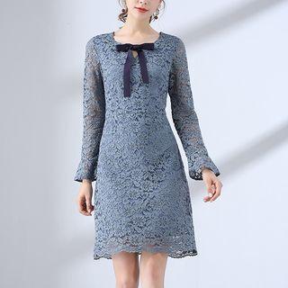 Tie-neck Long-sleeve Lace Dress