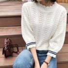 Striped-sleeve Mock-neck Pointelle-knit Sweater Ivory - One Size