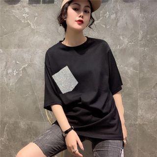Elbow-sleeve Rhinestone Pocket T-shirt