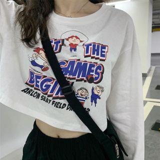 Long-sleeve Printed Cropped T-shirt / Wide-leg Shorts