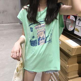 Printed Ripped Sleeveless Top