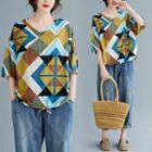 Printed Elbow-sleeve Drawstring-hem Blouse Drawstringe - Multicolor - One Size