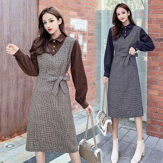 Puff-sleeve Collared Plaid A-line Dress