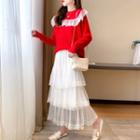 Set: Long-sleeve Lace Knit Sweater + High-waist Plain Layered Mesh Skirt
