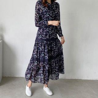 Tie-neck Lace-trim Flared Long Dress