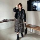 Faux Leather Button Jacket / Floral Long-sleeve Midi A-line Dress