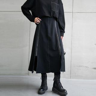 Zip Detail Stitch Asymmetrical Skirt