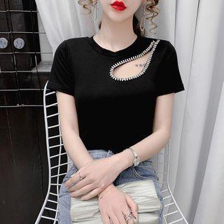 Short-sleeve Embellished Cutout T-shirt