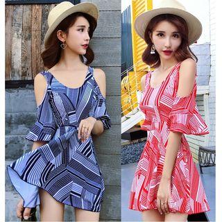 Cutout Shoulder Striped Swimdress