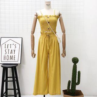 Set: Smocked Crop Top + Wide-leg Pants / Light Cardigan