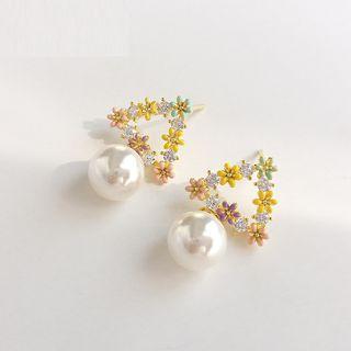925 Sterling Silver Rhinestone Faux Pearl Drop Earring White Faux Pearl - Flower - Multicolour - One Size