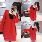 Set: Open Front Cardigan + Cable-knit Straight-fit Skirt Cardigan - Red - One Size / Skirt - Red - One Size