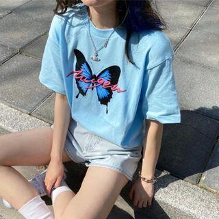 Short-sleeve Printed T-shirt Light Blue - One Size