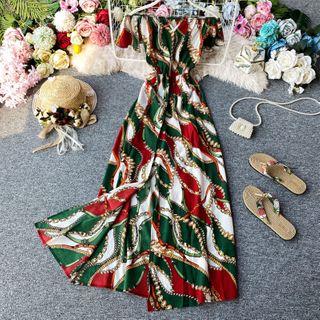 Printed Off-shoulder Slit-hem Dress