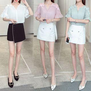 Lace Trim Striped V-neck Short-sleeve Top