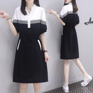 Short-sleeve Color Block Drawstring A-line Dress
