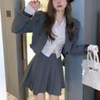 Puff-sleeve Cropped Blazer / Pleated Mini A-line Skirt ./ Crop Shirt