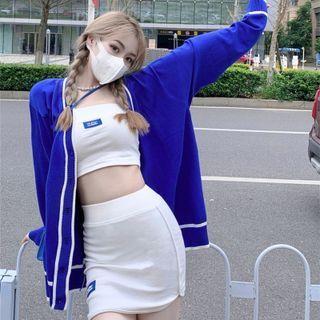 Long-sleeve V-neck Two-tone Cardigan Blue - One Size