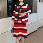 Set: Striped Cardigan + 3/4-sleeve Top + Straight-fit Skirt