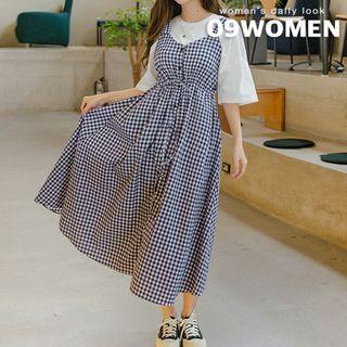 Plus Size Drawstring-waist Button-front Jumper Dress