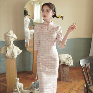 Elbow-sleeve Checked Qipao Dress