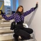 V-neck Checked Cropped Cardigan