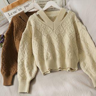 Eyelet Cutout-shoulder Loose-fit Sweater In 5 Colors