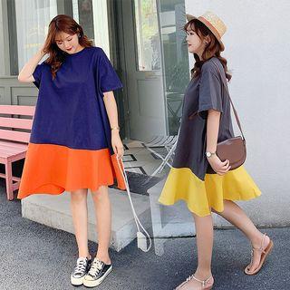 Elbow-sleeve Color Block Asymmetric T-shirt Dress