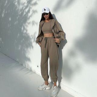 Plain Zip Hooded Oversize Hoodie / High-waist Plain Straight-cut Pants / Plain Cropped Tank Top