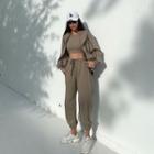 Plain Zip Hooded Oversize Hoodie / High-waist Plain Straight-cut Pants / Plain Cropped Tank Top
