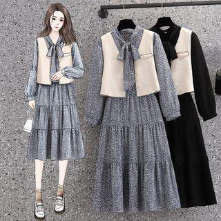 Set: Long-sleeve Midi A-line Dress + Single-breasted Vest