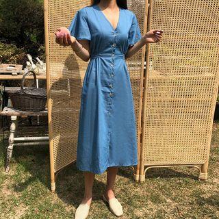 Ruffle-sleeve Band-waist Shirtdress Blue - One Size