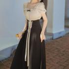 Set: Puff-sleeve Lace Top + Lace-up Midi A-line Skirt